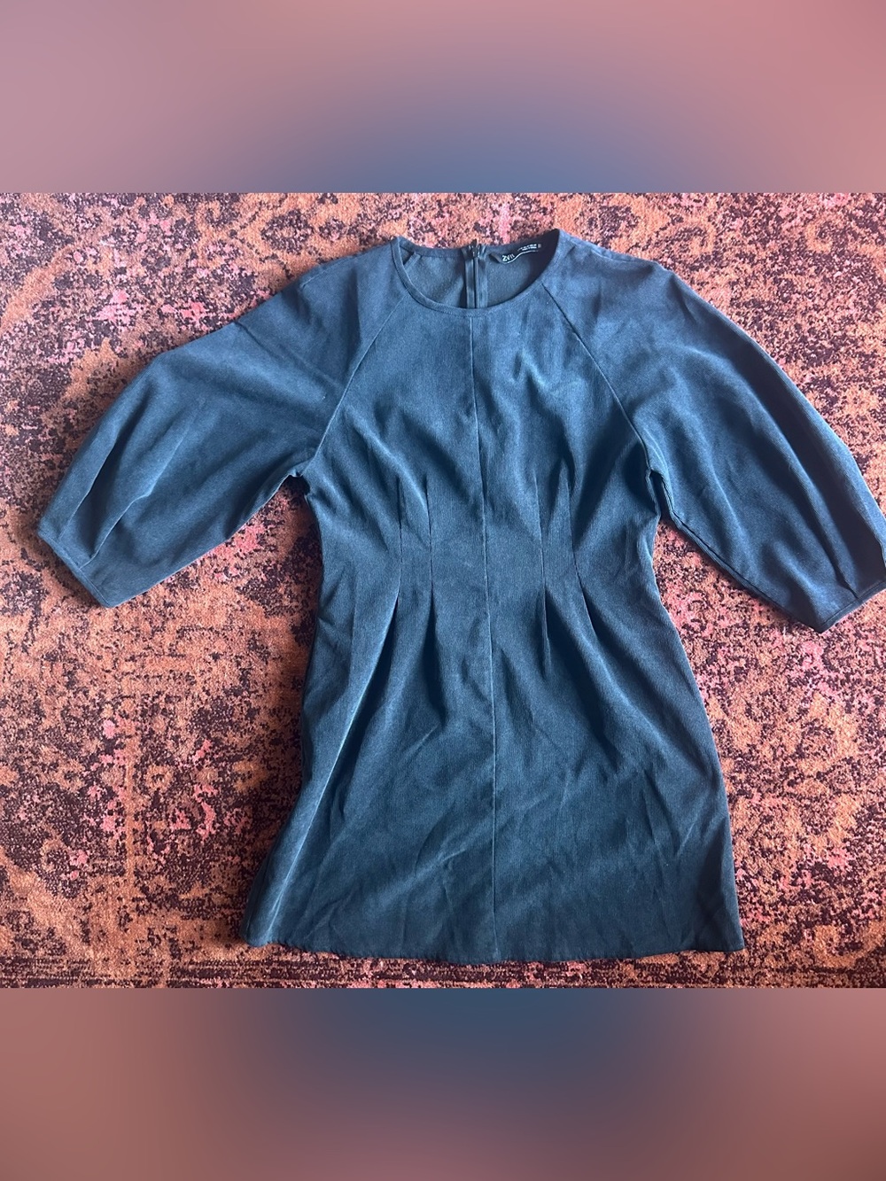 Zara Teal Long-Sleeve Pleated Waist Dress